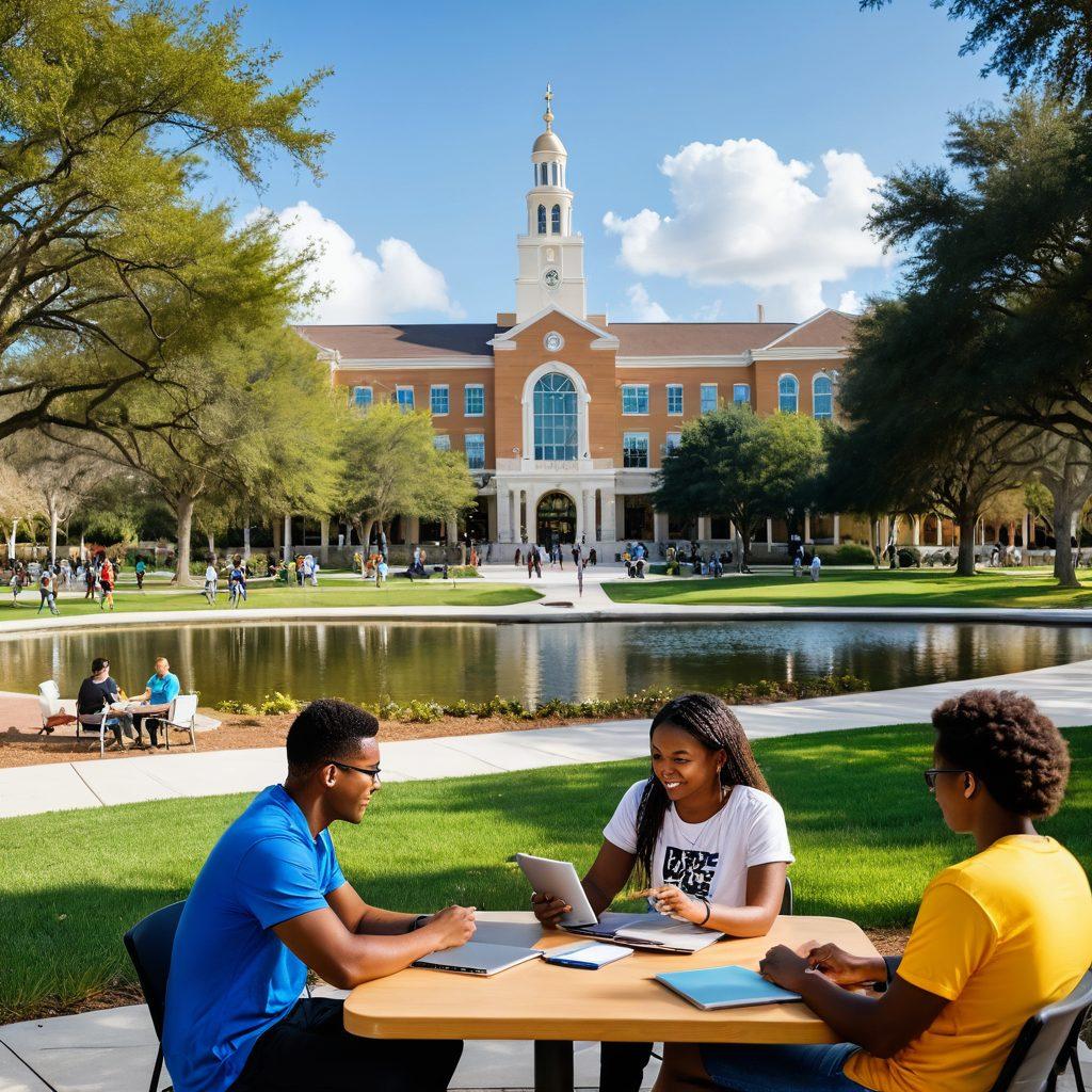 A lively university campus scene featuring diverse students engaging with various resources like academic advising, library services, and student organizations. Depict iconic UCF landmarks in the background, with students collaborating in study groups and using technology like laptops and tablets. Bright, inviting colors should convey a sense of community and opportunity. super-realistic. vibrant colors. sunny day.