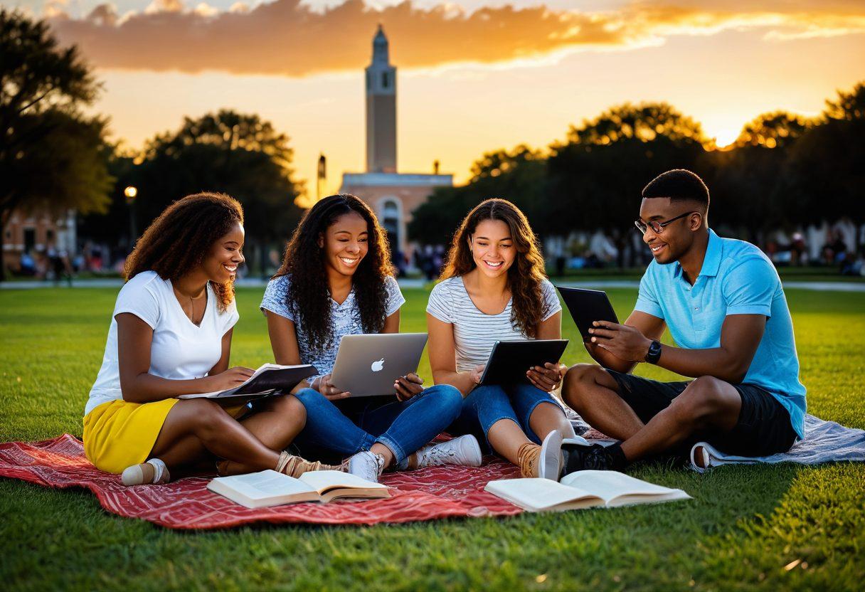 A diverse group of enthusiastic students engaged in a collaborative study session outdoors at UCF, surrounded by iconic campus landmarks. Illuminate the scene with vibrant colors, showcasing modern gadgets like laptops and tablets that symbolize the essential tools for student engagement. Capture their expressions of joy and motivation, while the sun sets in the background, creating a warm glow. Include elements like books and coffee cups for a relatable touch. super-realistic. vibrant colors. dynamic composition.