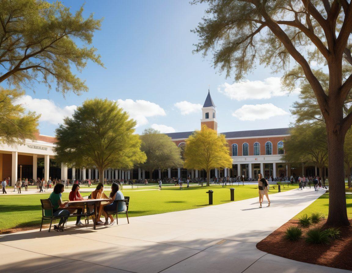A vibrant, bustling university campus scene showcasing diverse students engaging with various educational resources, such as study groups, libraries, and tutoring sessions. Include iconic UCF landmarks in the background, with trees and friendly campus staff helping students. The atmosphere should be energetic and inviting, reflecting a community of learning and support. super-realistic. vibrant colors. daytime.
